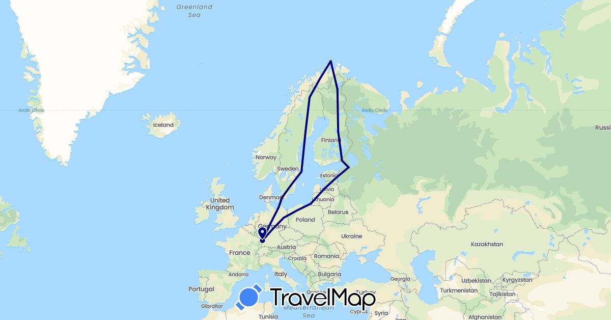 TravelMap itinerary: driving in Germany, Finland, France, Latvia, Norway, Russia, Sweden (Europe)